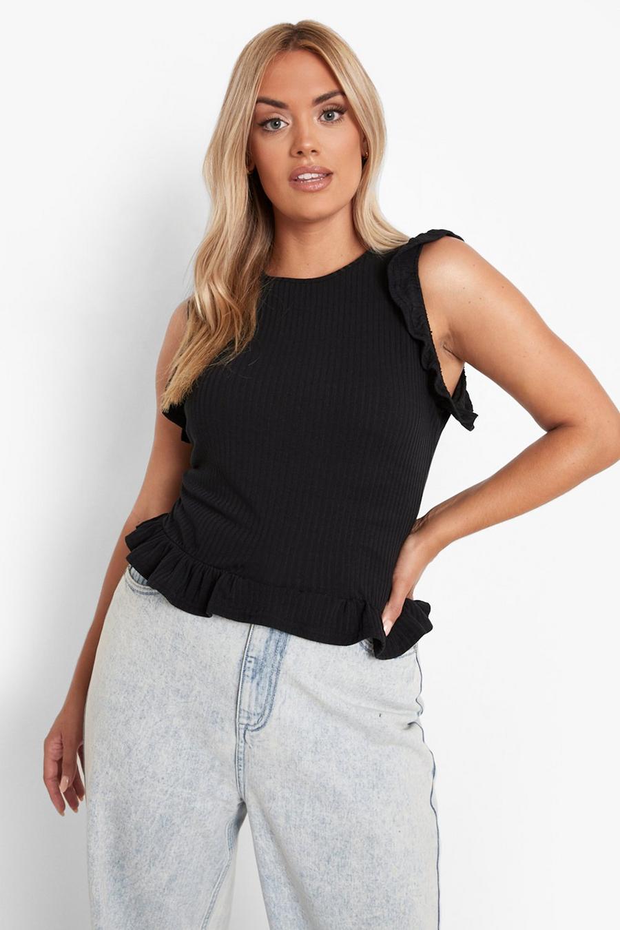 Black Plus Knitted Rib Ruffle Tank Top Top image number 1