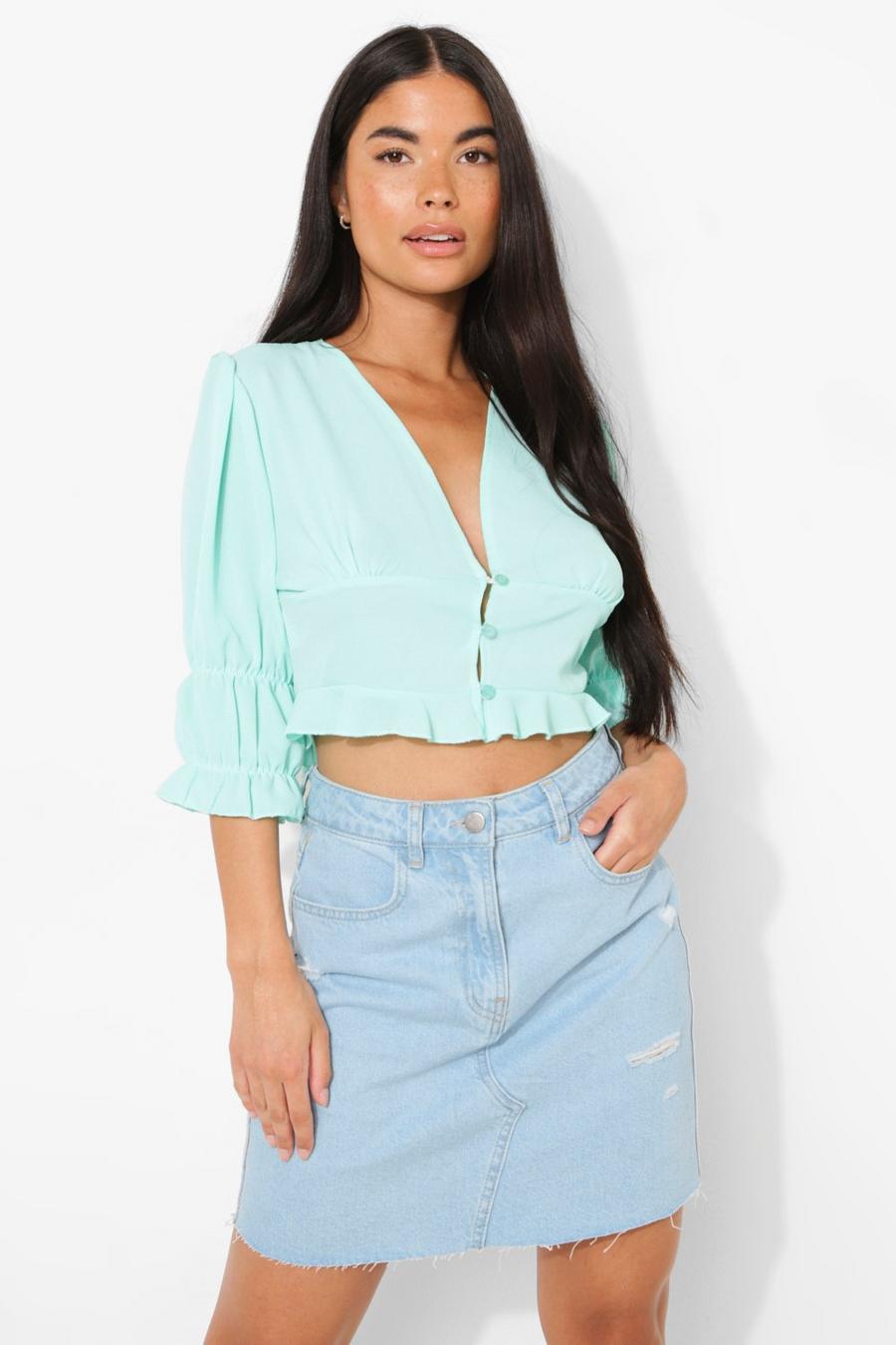 Mint Petite Statement Sleeve Cropped Blouse image number 1