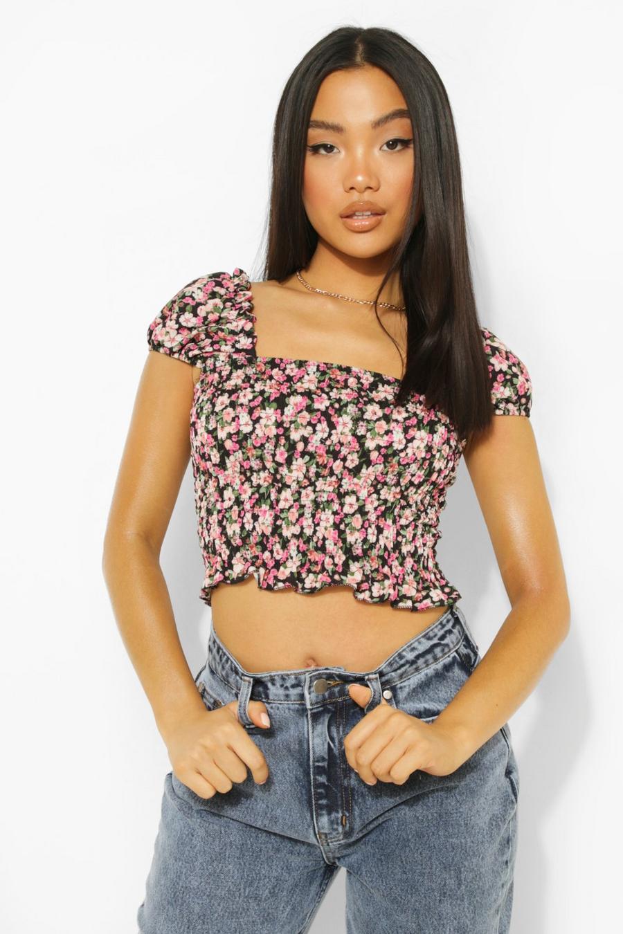 Black Petite Floral Puff Sleeve Woven Crop Top image number 1