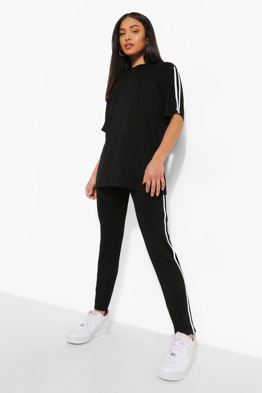 Black Petite Short Sleeve Stripe Loungewear Set image number 1
