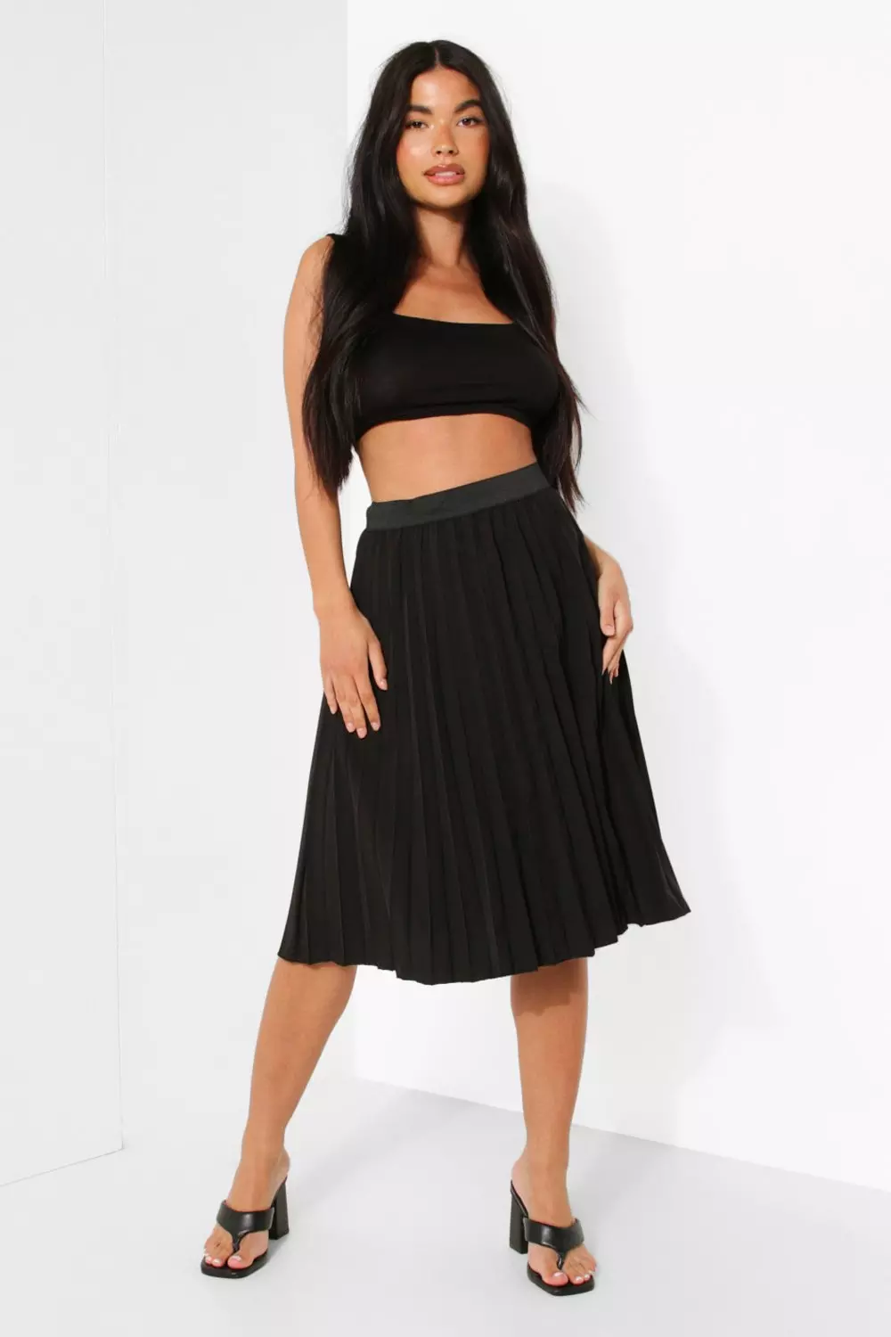 Petite pleated midi outlet skirt black