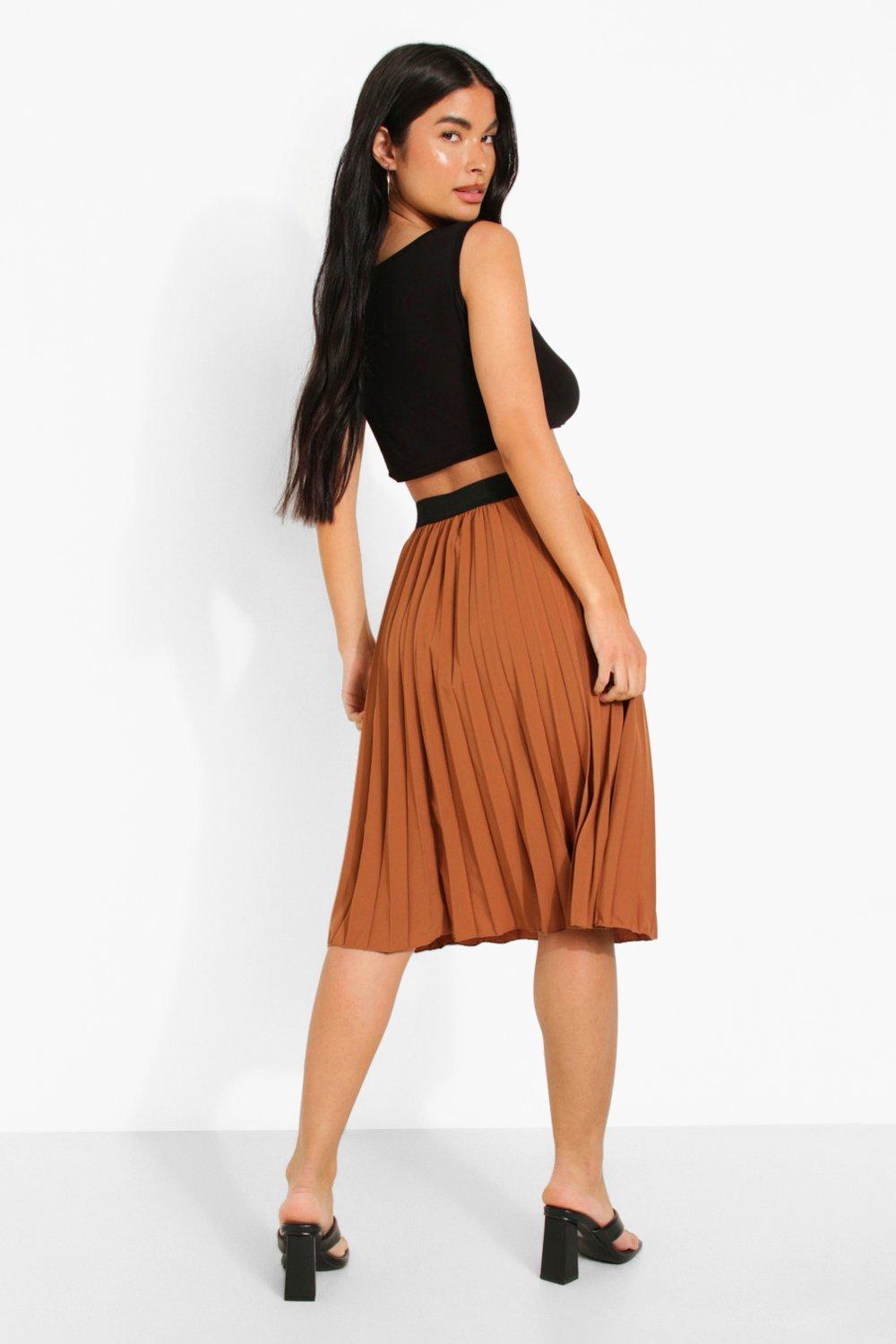 Solacol Pleated Midi Skirts For Women Elastic Waist Skirts For