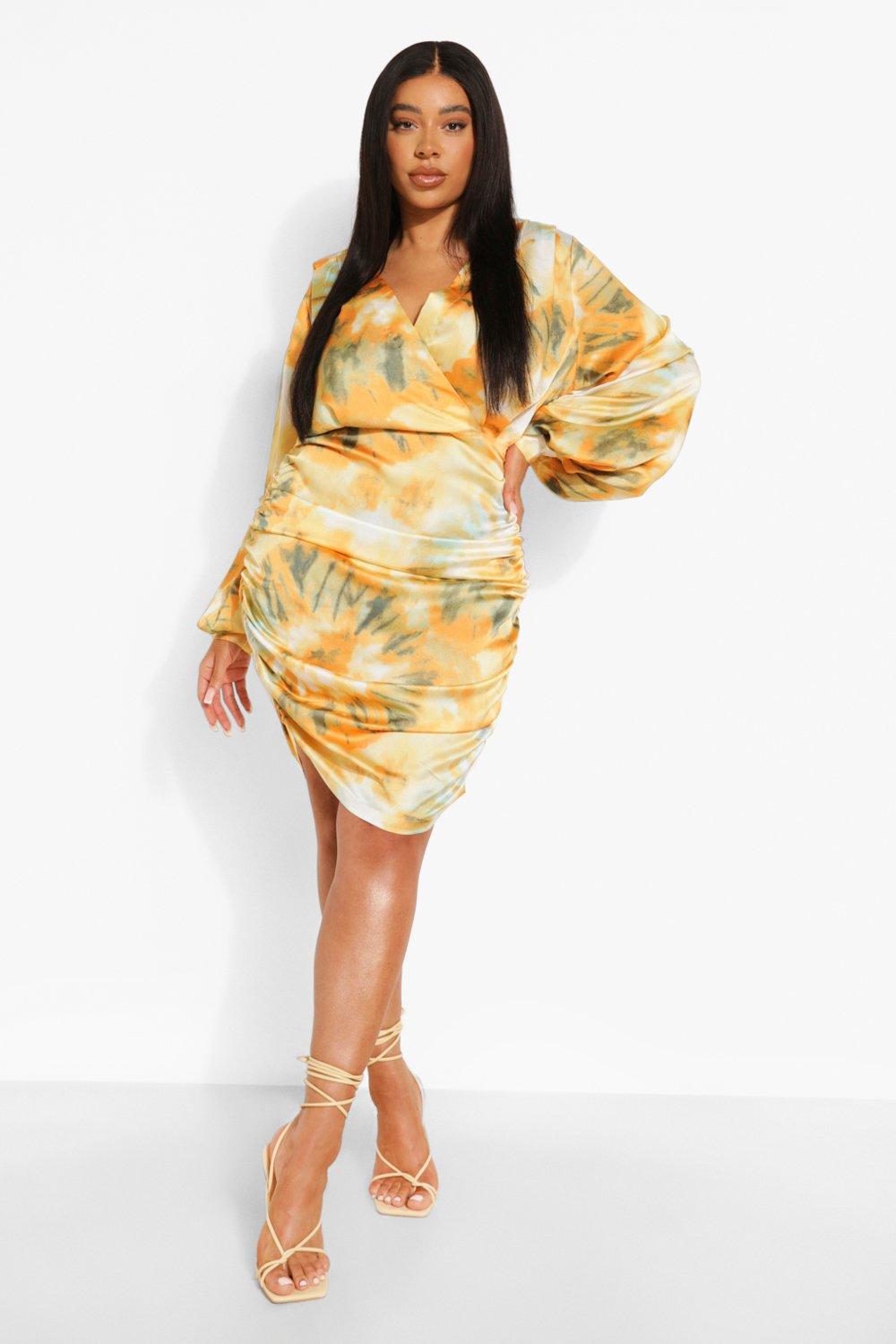 Multicolor Satin Printed Ruched Bodycon Dress