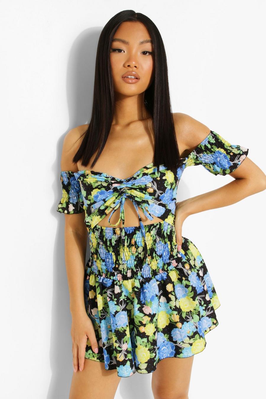 Blue Petite Floral Ruched Front Mini Dress image number 1