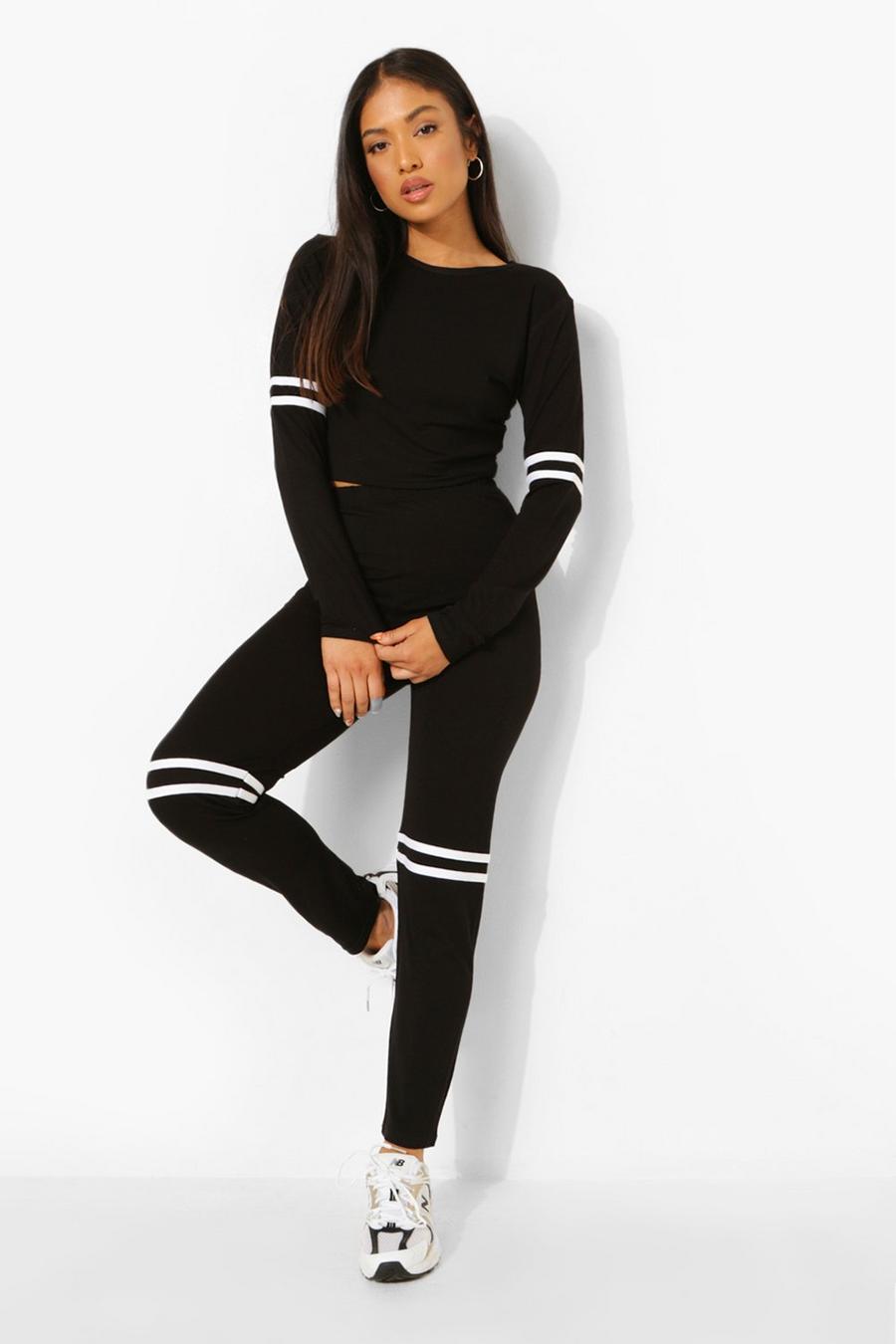 Black Petite Side Stripe Cropped Loungewear Set image number 1