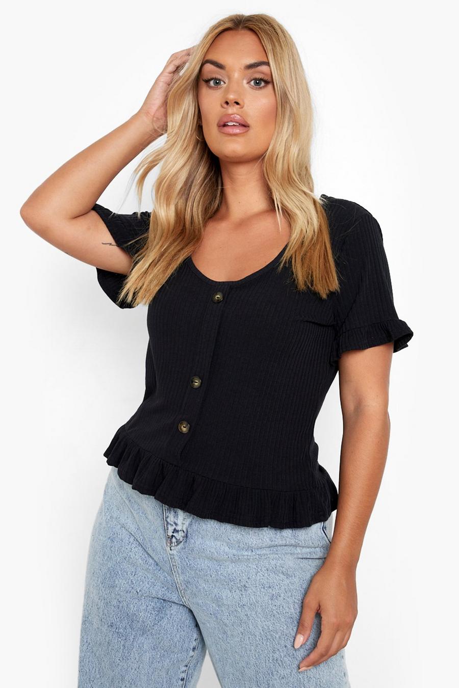 Black Plus Knitted Rib Horn Button Ruffle Top image number 1
