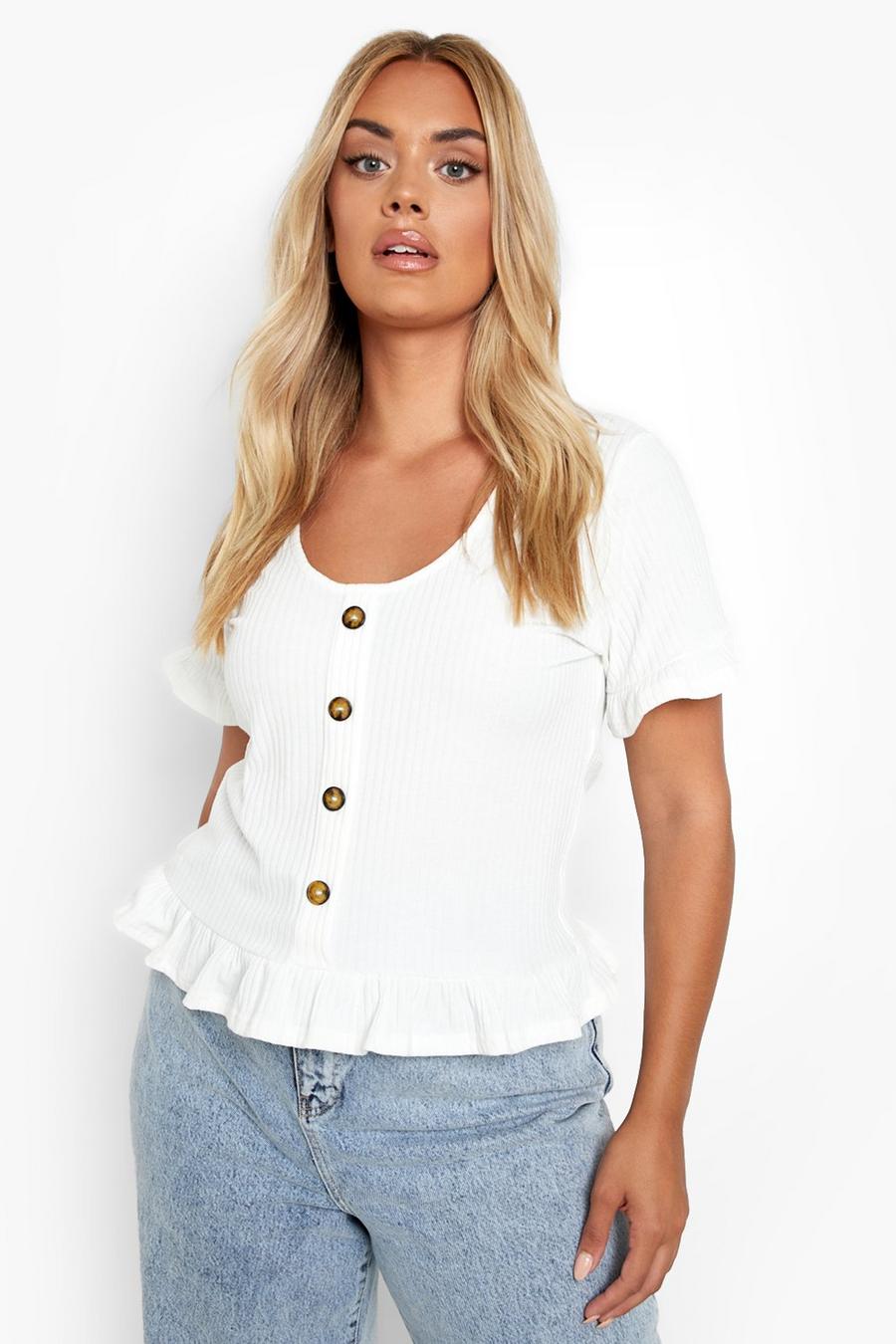 Ivory Plus Knitted Rib Horn Button Ruffle Top image number 1