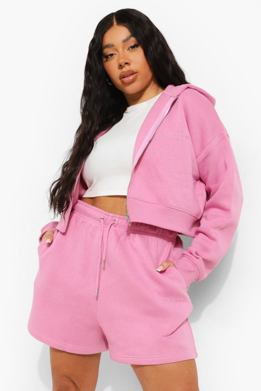 Pink Plus Cropped Zip Hoodie And Short Set image number 1