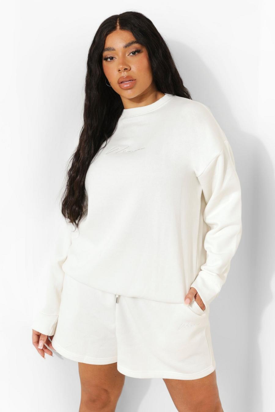 Ecru Plus Woman Embroidered Sweat Short Tracksuit image number 1