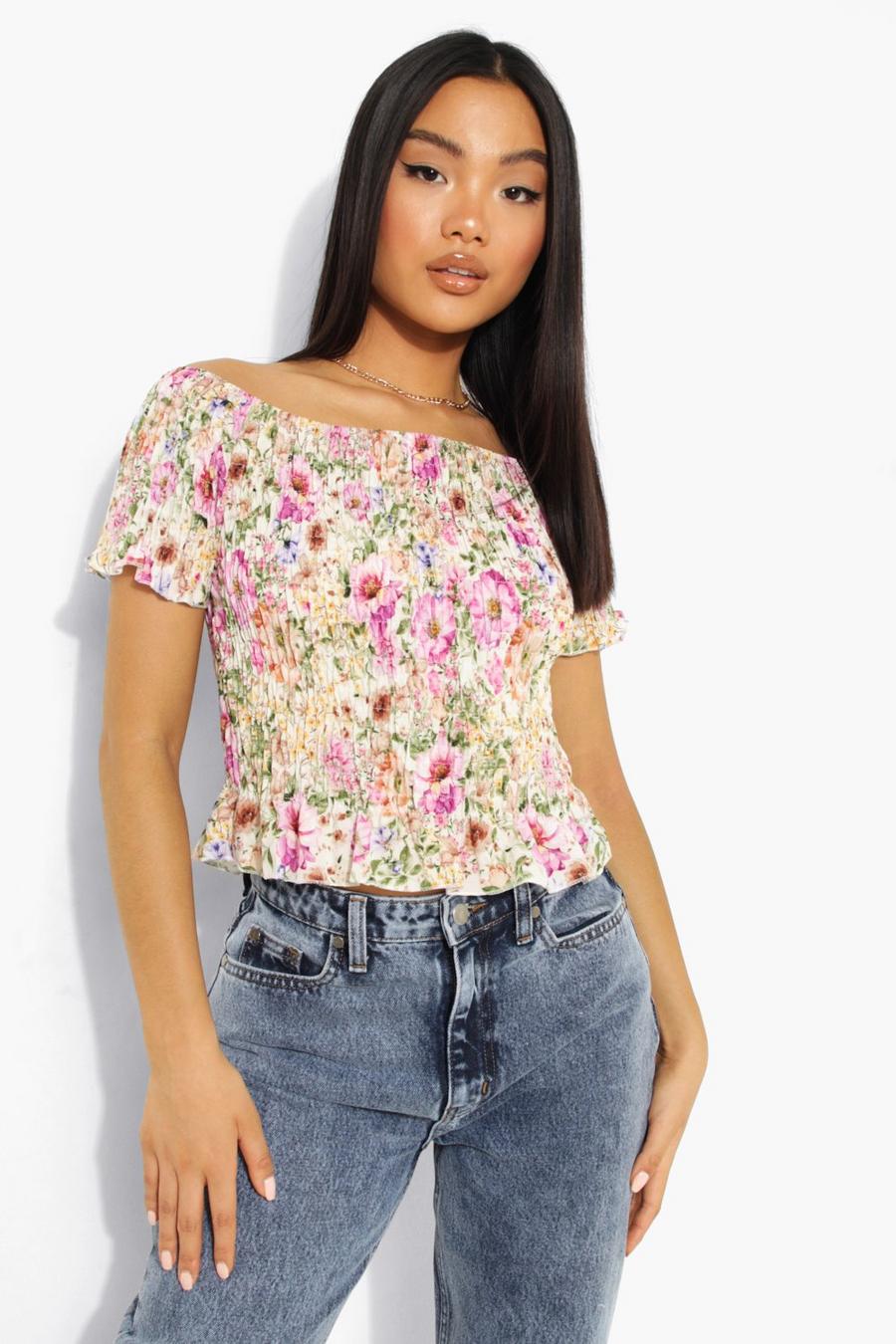 Ivory Petite Floral Puff Sleeve Off The Shoulder Crop Top image number 1