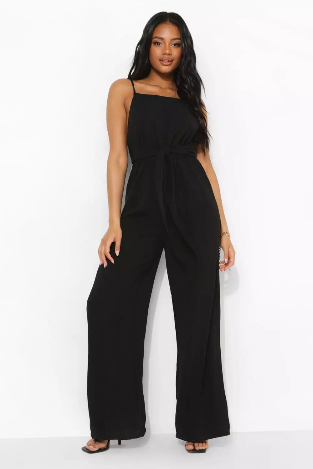 Black tie waist jumpsuit on sale