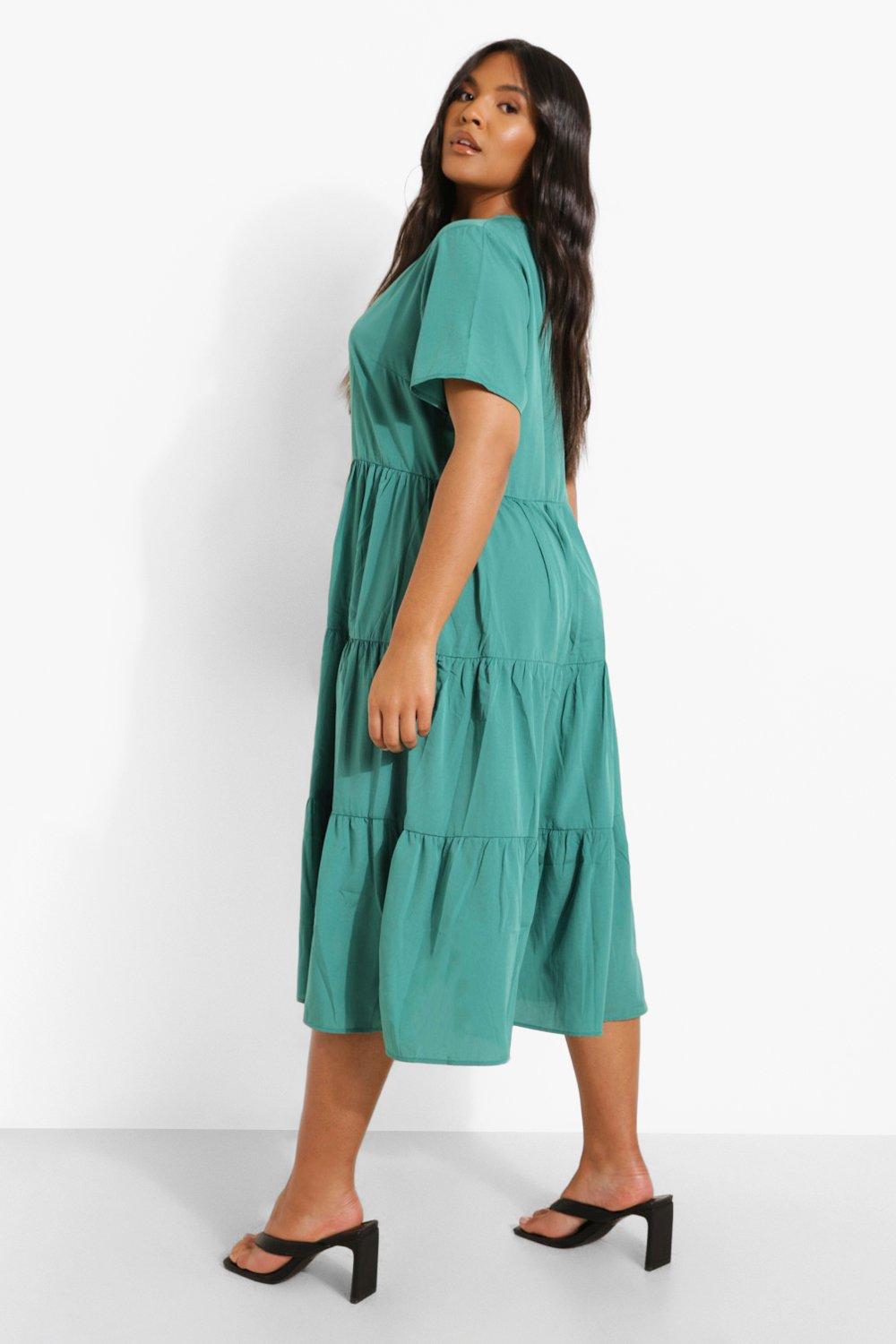 Women s Plus Tiered Midi Smock Dress Boohoo UK