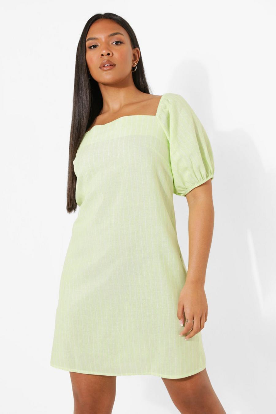 Lime grön Plus - Randig skiftklänning i linnetyg