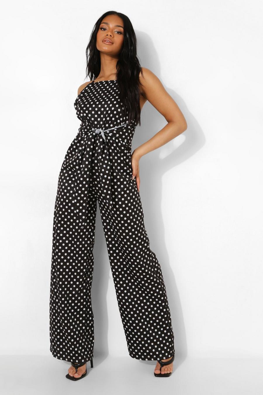 Black Petite Spot Print Tie Waist Jumpsuit image number 1