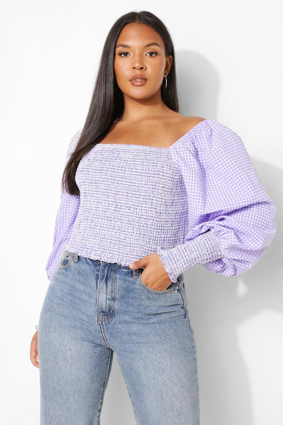 Lilac Plus Gingham Puff Sleeve Shirred Top image number 1