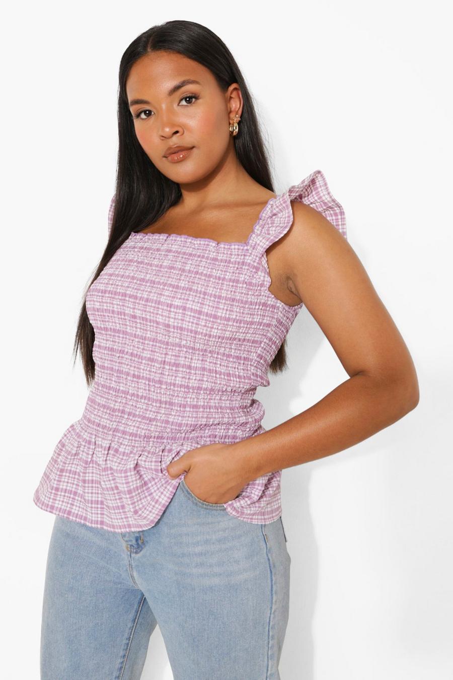 Lilac Plus Gingham Shirred Ruffle Top image number 1