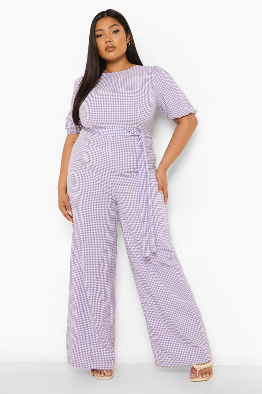 Lilac purple Plus - Rutig jumpsuit med vida ben och knytskärp image number 1