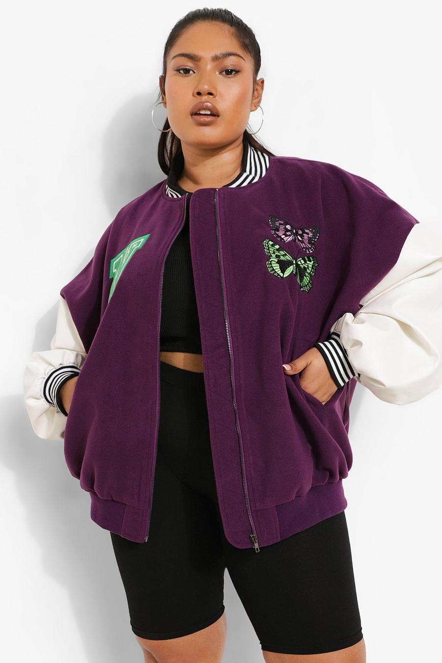 Giacca Bomber Plus Size stile Varsity con ricami di farfalle, Purple image number 1