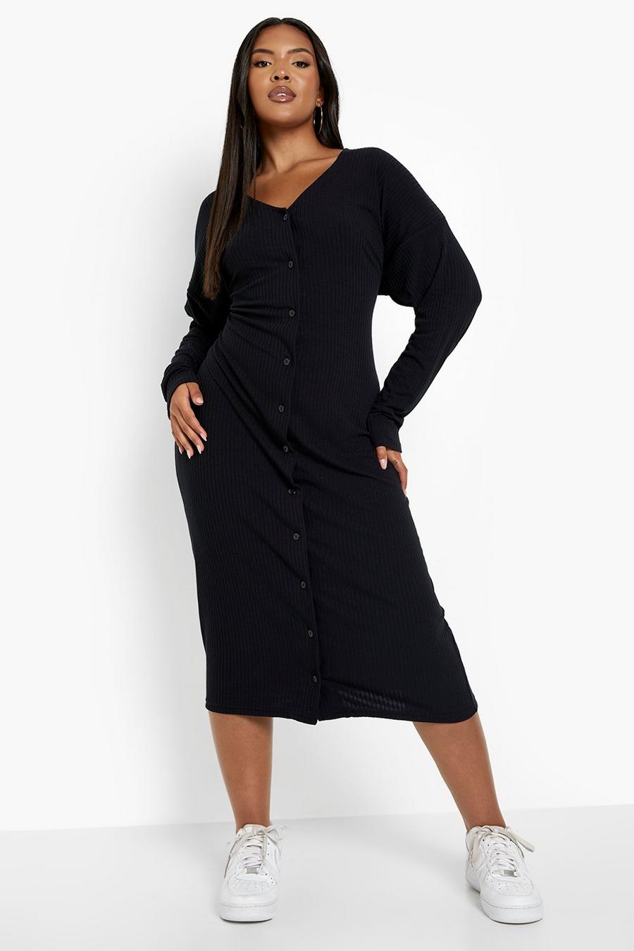 Black Plus Knitted Rib Midi Dress image number 1