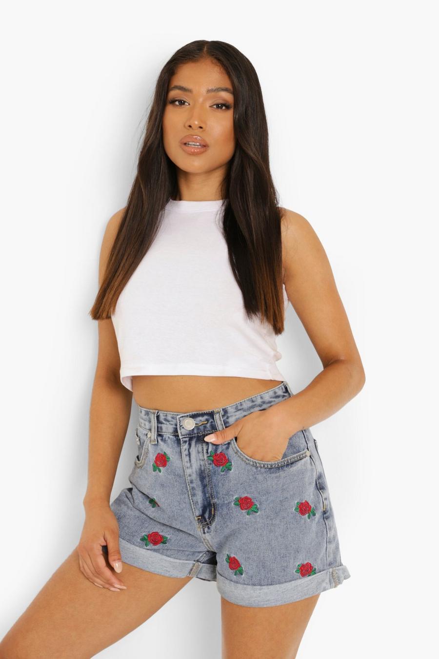 Mid blue Petite High Waist Embroidered Denim Shorts image number 1