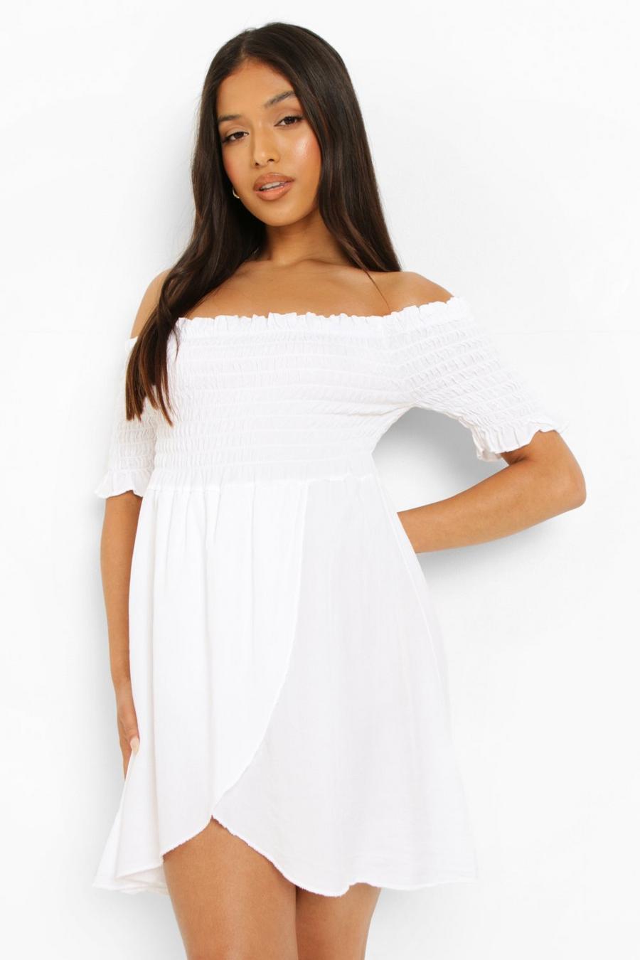 White Petite Shirred Wrap Denim Dress image number 1
