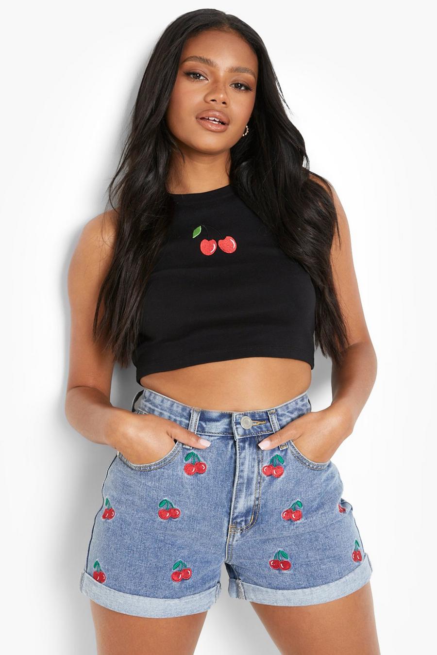 Mid blue Petite Cherry Embroidered Denim Mom Short image number 1