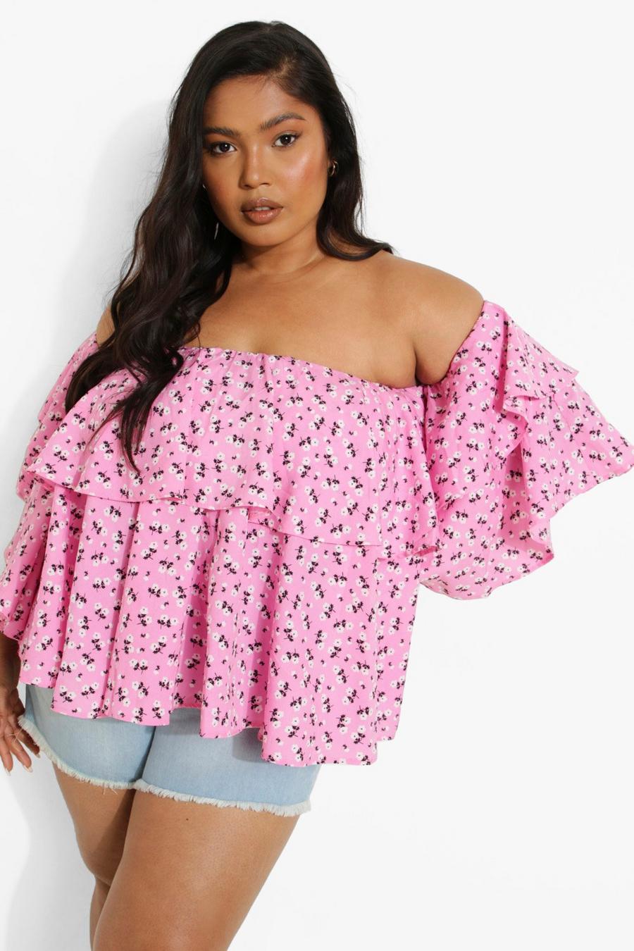 Baby pink Plus Ditsy Floral Tiered Off The Shoulder Top image number 1