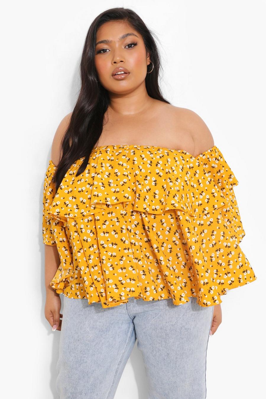 Mustard Plus Ditsy Floral Tiered Bardot Top image number 1