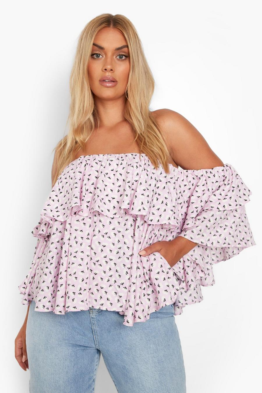 Lilac Plus Ditsy Floral Tiered Bardot Top image number 1