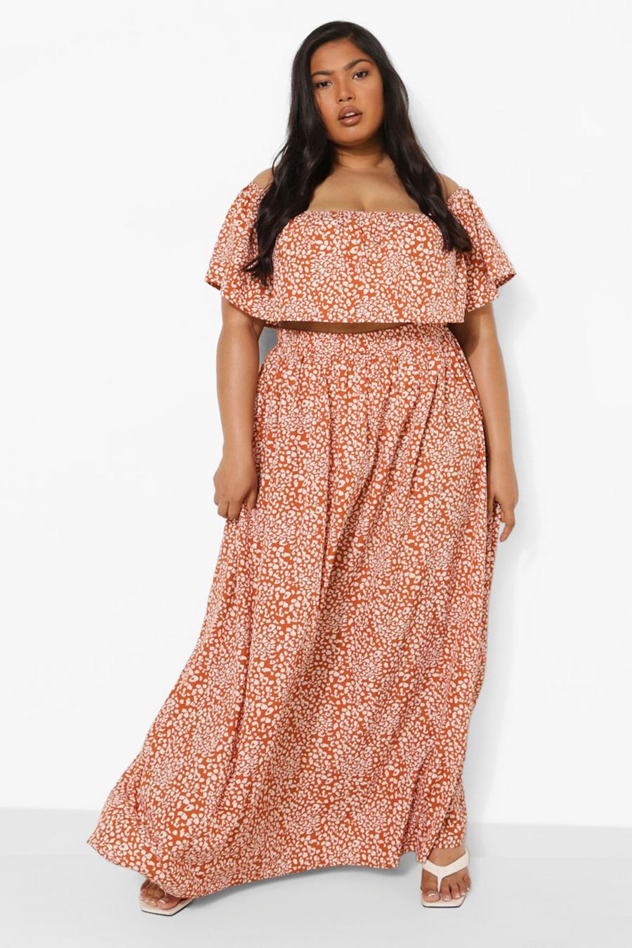 Brown Plus Leopard Off The Shoulder Maxi Skirt Two-Piece image number 1