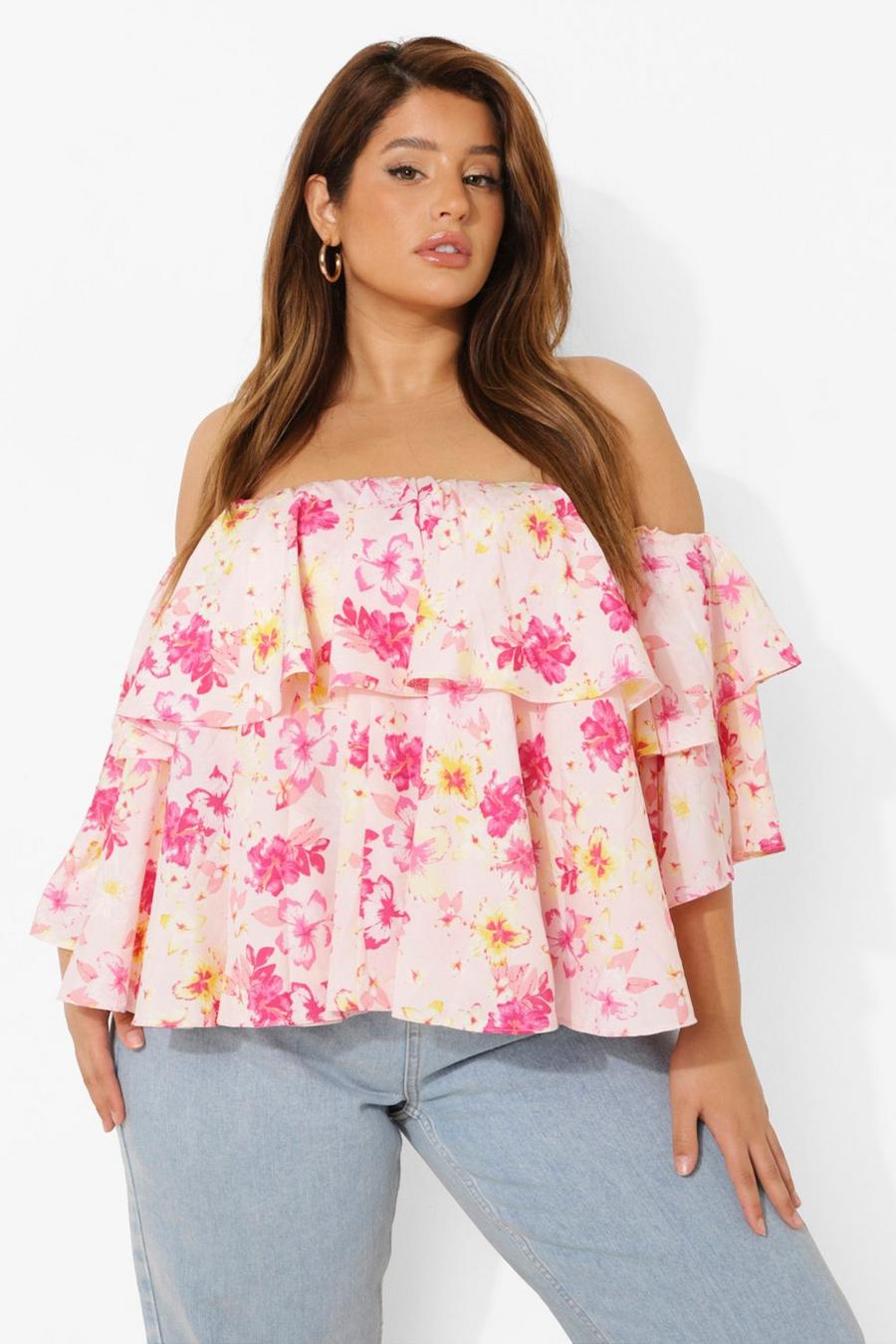 Baby pink Plus Floral Tiered Bardot Top image number 1
