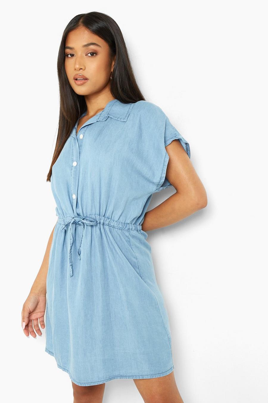 Light wash blå Petite Drawcord Denim Shirt Dress