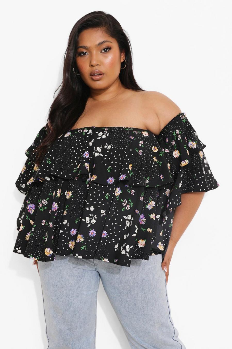 Black Plus Mixed Floral Tiered Bardot Top image number 1