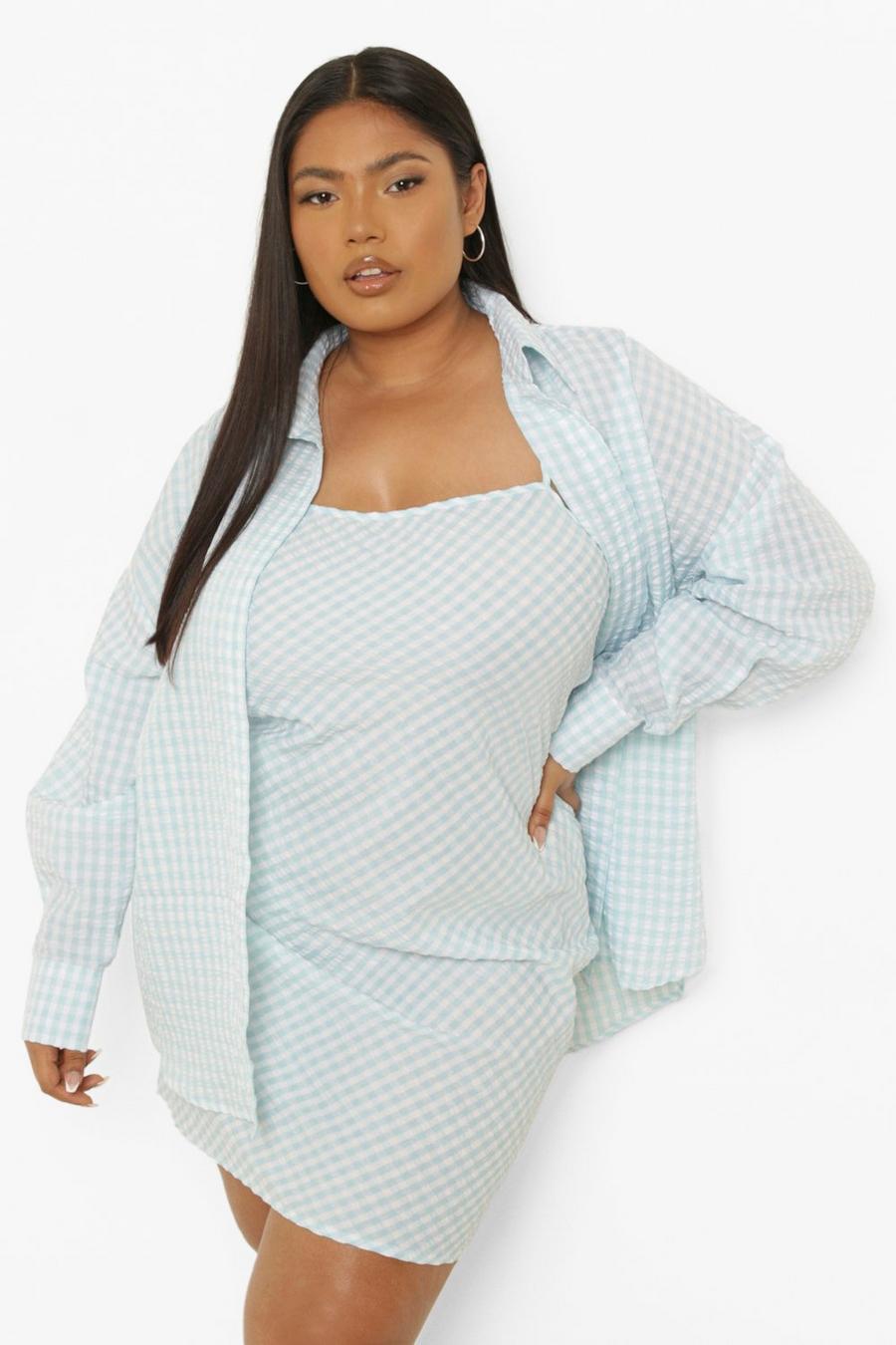 Sage Plus Gingham Mini Dress And Shirt Co-ord image number 1