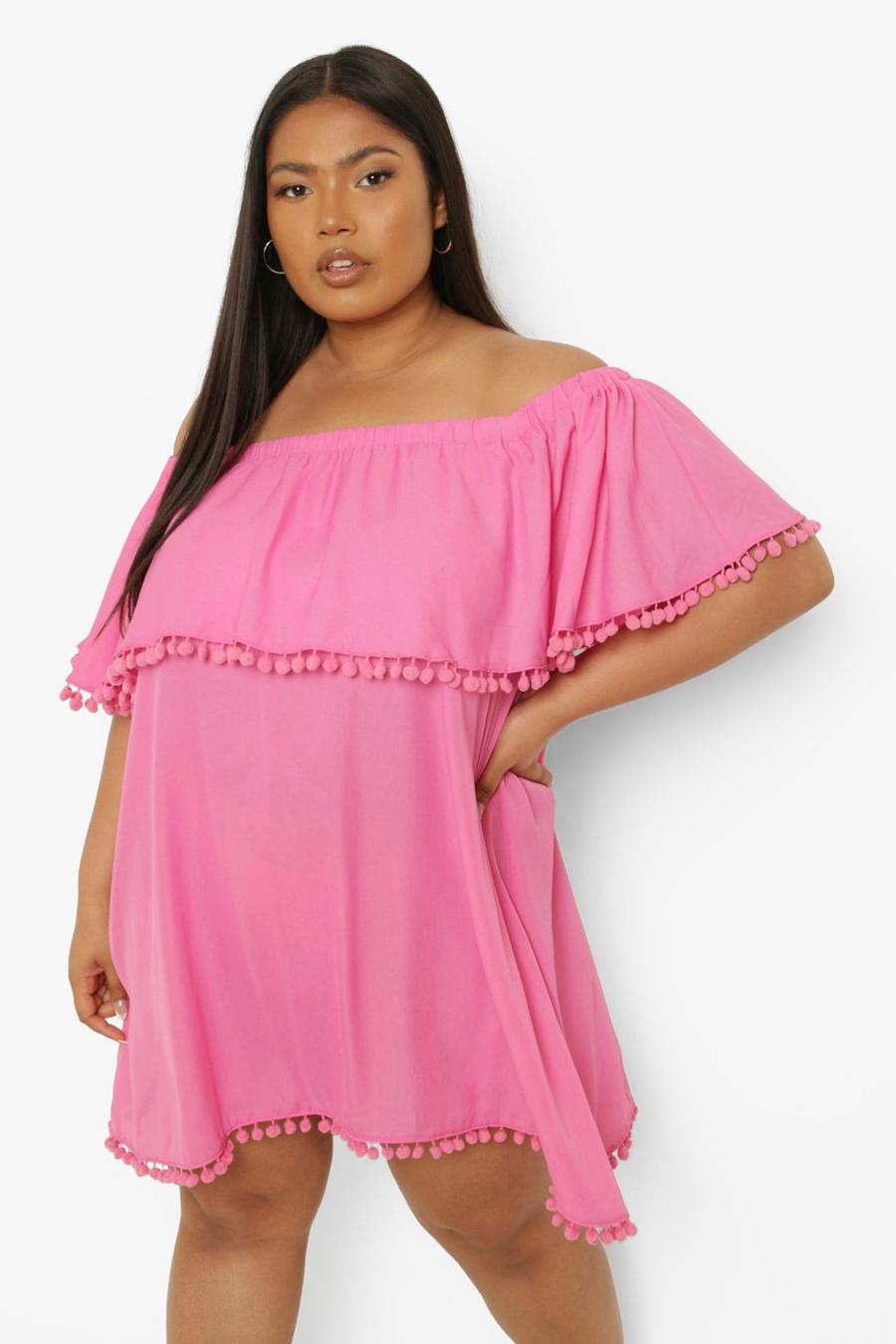 Plus Bardot-Kleid mit Pom-Poms, Pink
