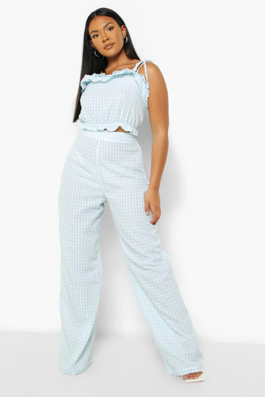 Baby blue Plus Gingham Ruffle Top And Pants Two-Piece image number 1