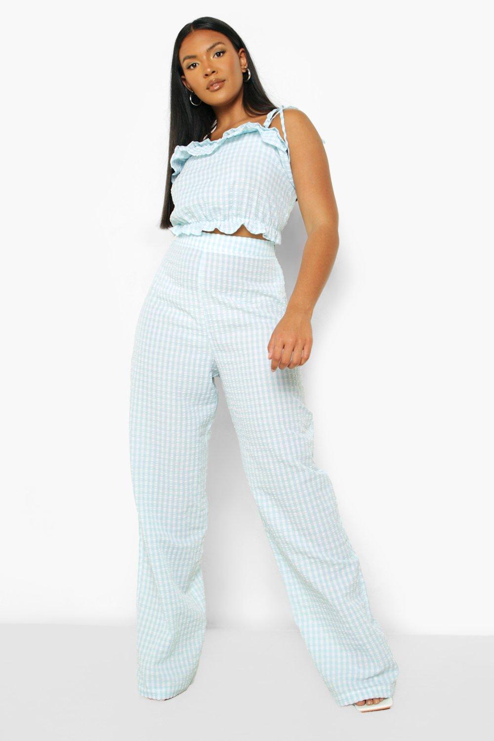 Plus Gingham Ruffle Top And Pants Two-Piece