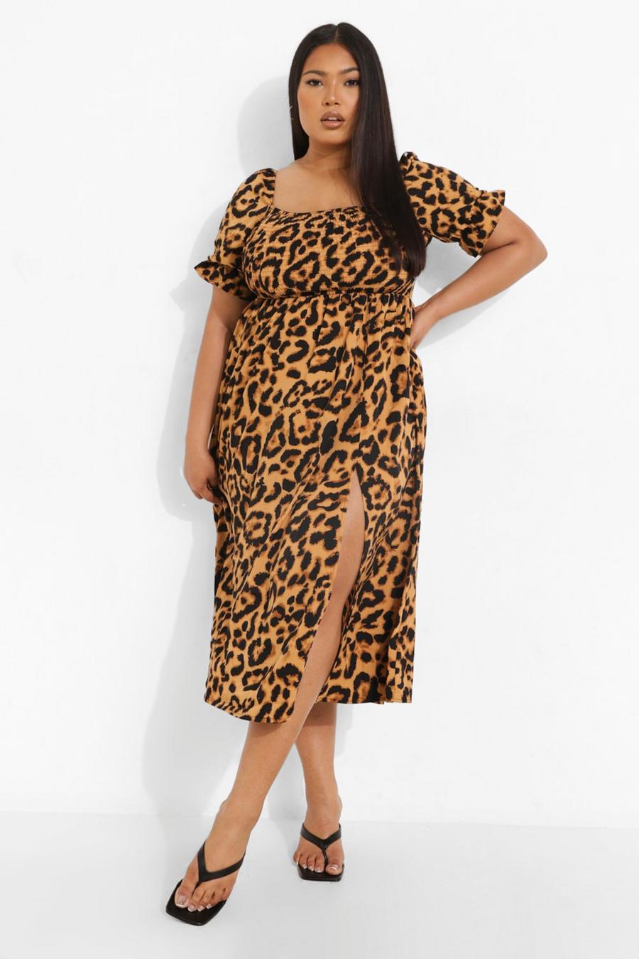Maxi vestito Plus Size leopardato con increspature e scollo quadrato, Leopard image number 1