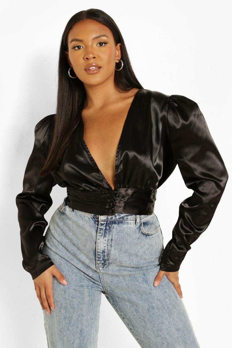 Black Plus Satin Puff Sleeve Button Detail Top image number 1