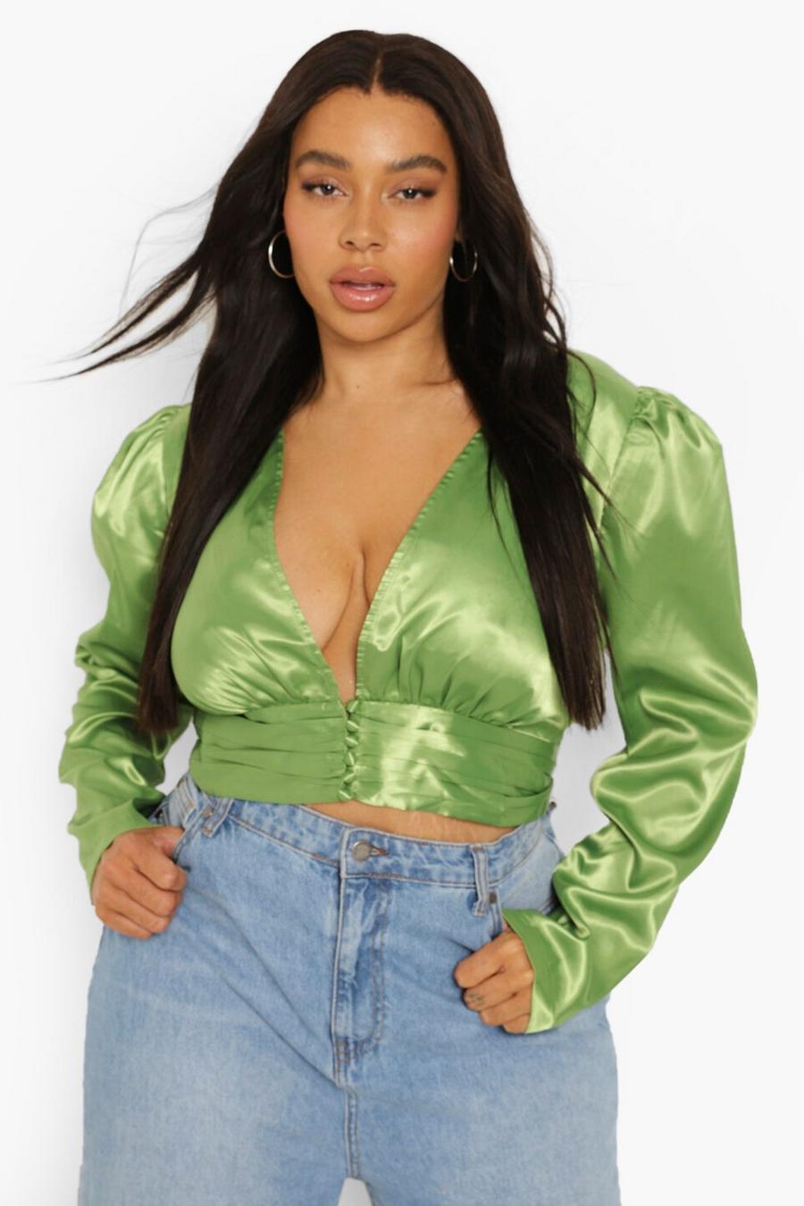 Lime Plus Satin Puff Sleeve Button Detail Top image number 1