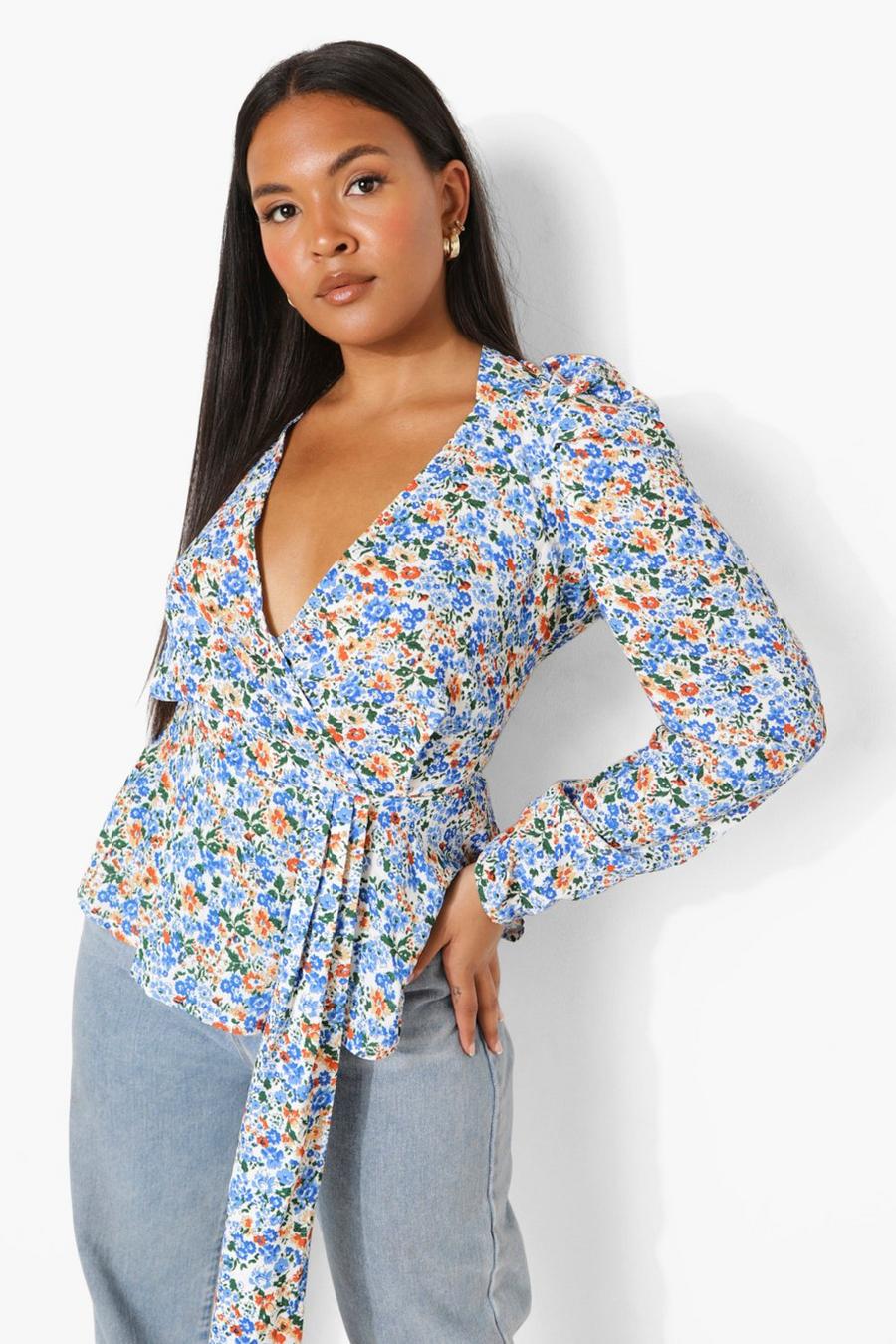 Blue Plus Woven Floral Puff Sleeve Draped Top image number 1