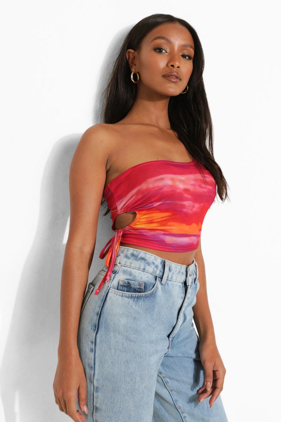 Red Petite One Shoulder Cut Out Tie Dye Crop Top image number 1