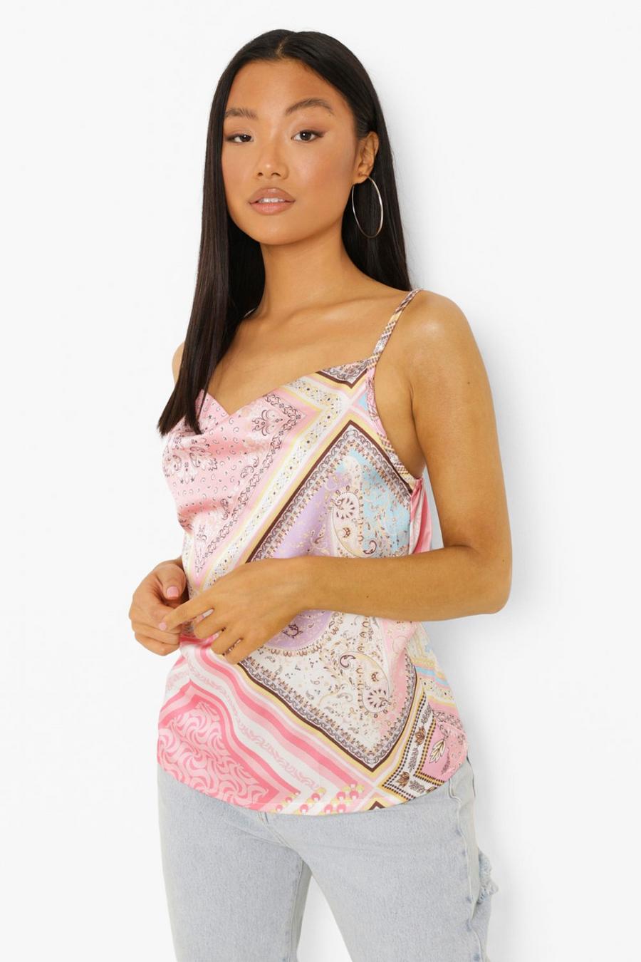 Pink Petite Scarf Print Cowl Neck Camisole image number 1