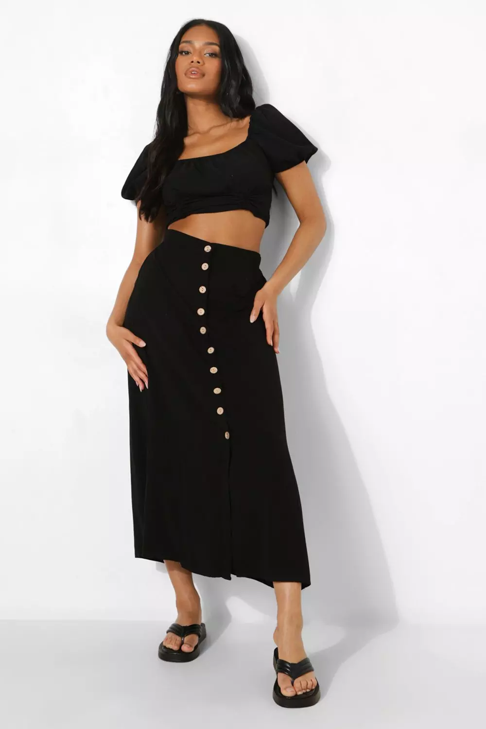 Petite button 2025 front midi skirt