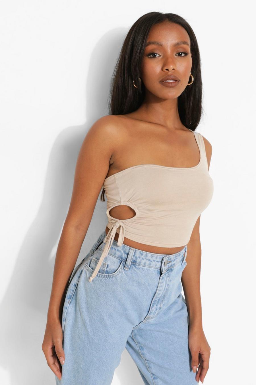 Sand Petite One Shoulder Cut Out Crop Top image number 1