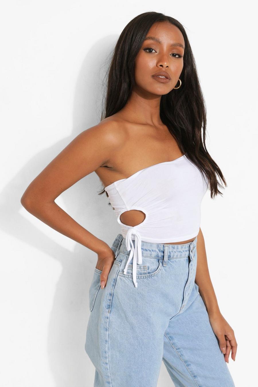 White Petite One Shoulder Cut Out Crop Top image number 1