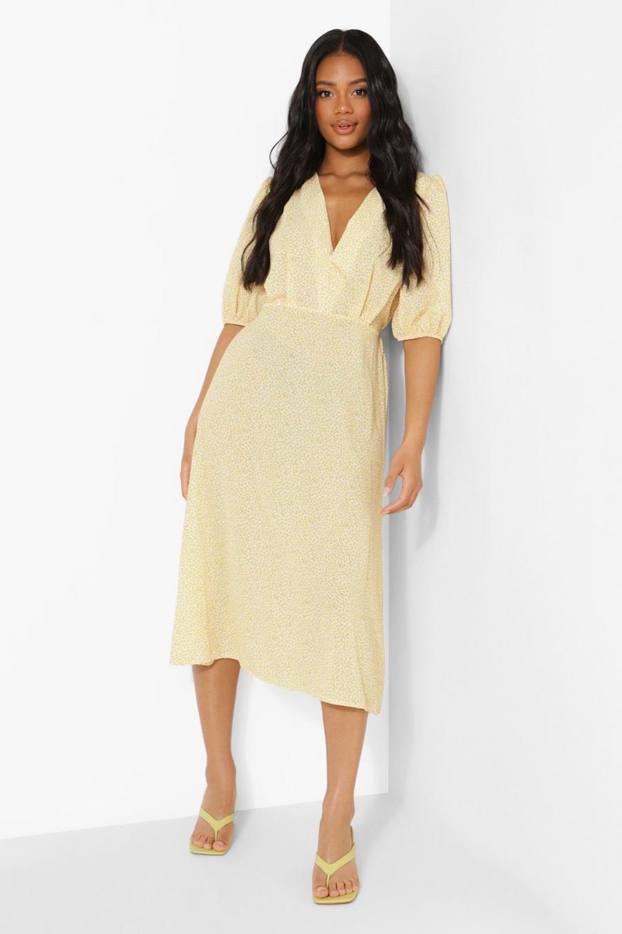 Yellow Petite Ditsy Floral Woven Midi Dress image number 1