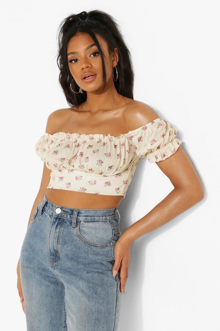 Yellow Petite Ditsy Puff Sleeve Crop Top image number 1