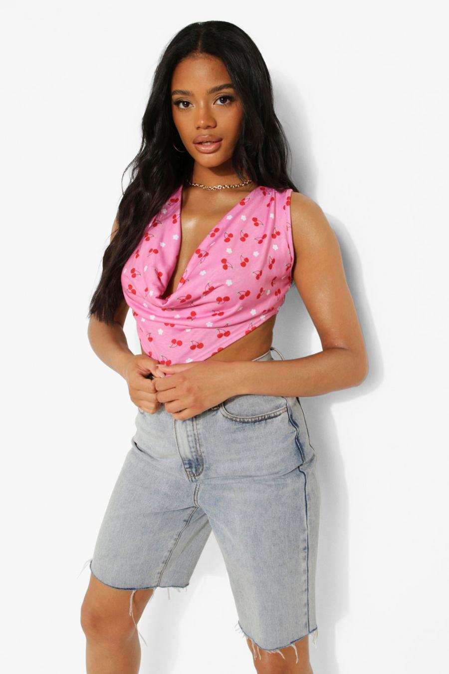 Hot pink Petite Cowl Neck Cherry Print Top image number 1