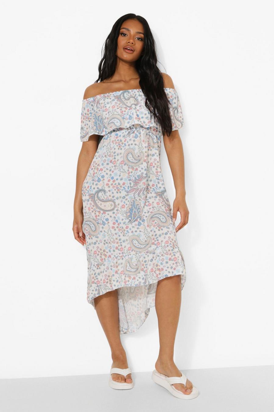White Petite Paisley Print Off The Shoulder Maxi Dress image number 1